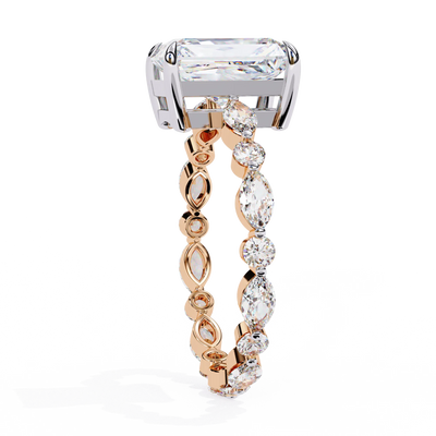 Radiant cut lab grown diamond side-stone engagement ring in rose gold with marquise and round diamond band