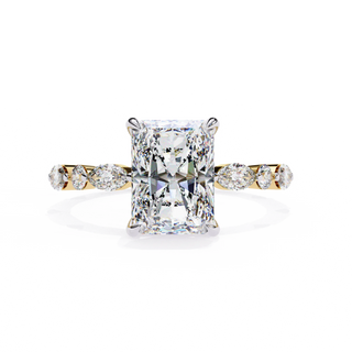 Radiant cut lab grown diamond side-stone engagement ring in yellow gold with marquise and round diamond band