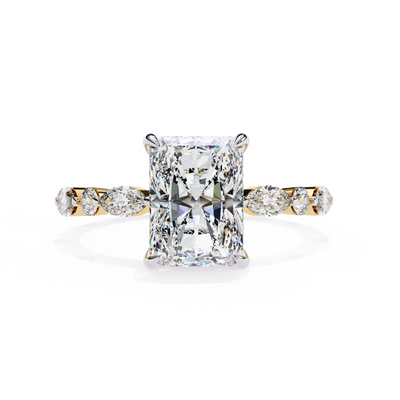 Radiant cut lab grown diamond side-stone engagement ring in yellow gold with marquise and round diamond band