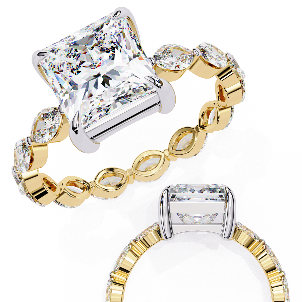 Princess Cut Diamond Ring with Marquise Side Stones
