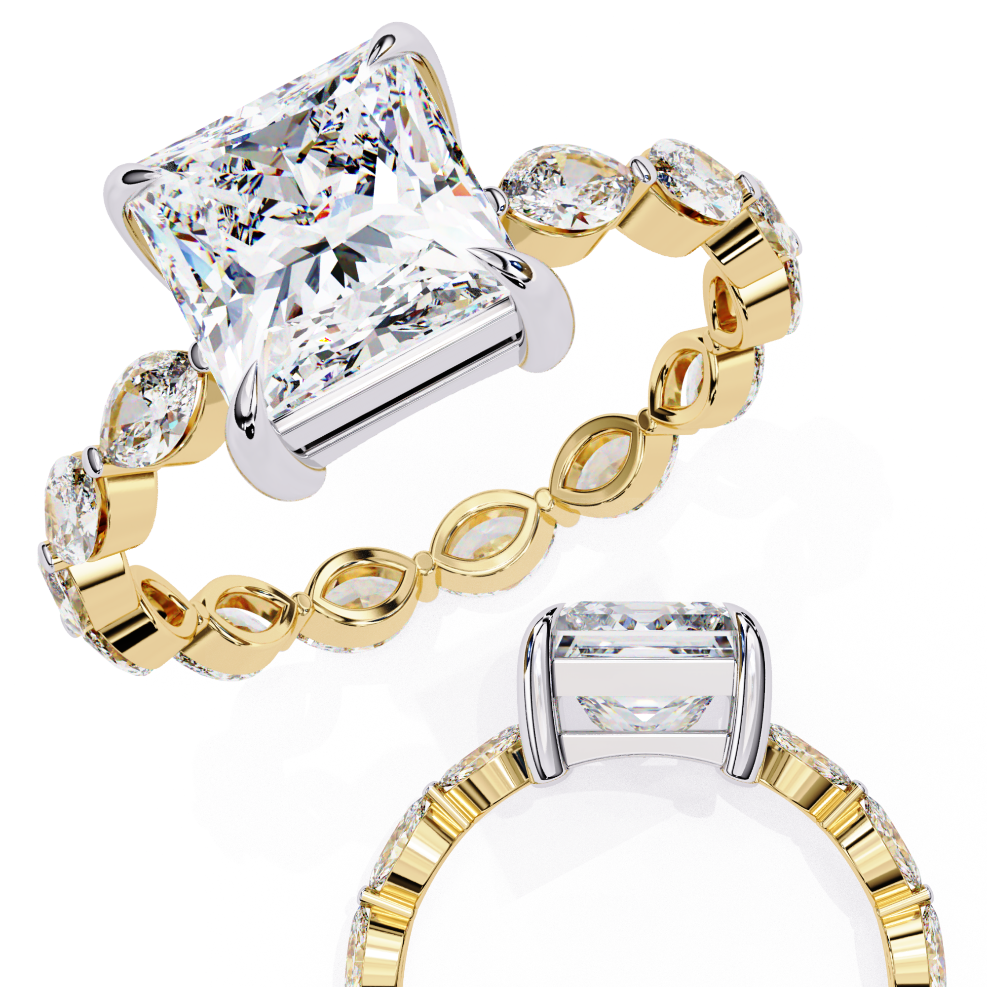 Princess Cut Diamond Ring with Marquise Side Stones