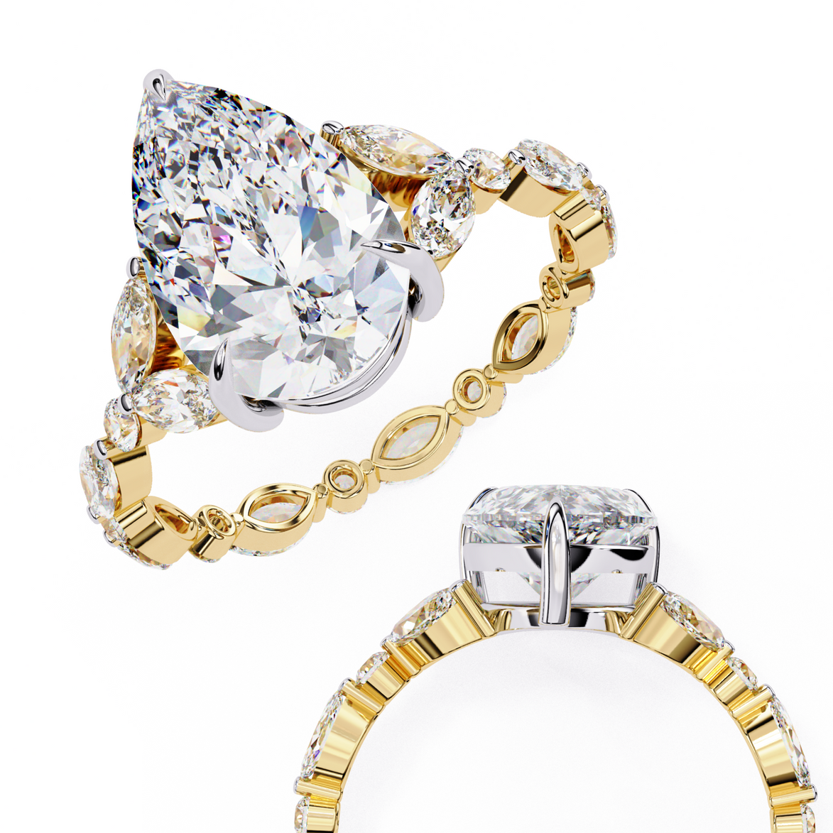 Pear Diamond Ring with Marquise Side Stones