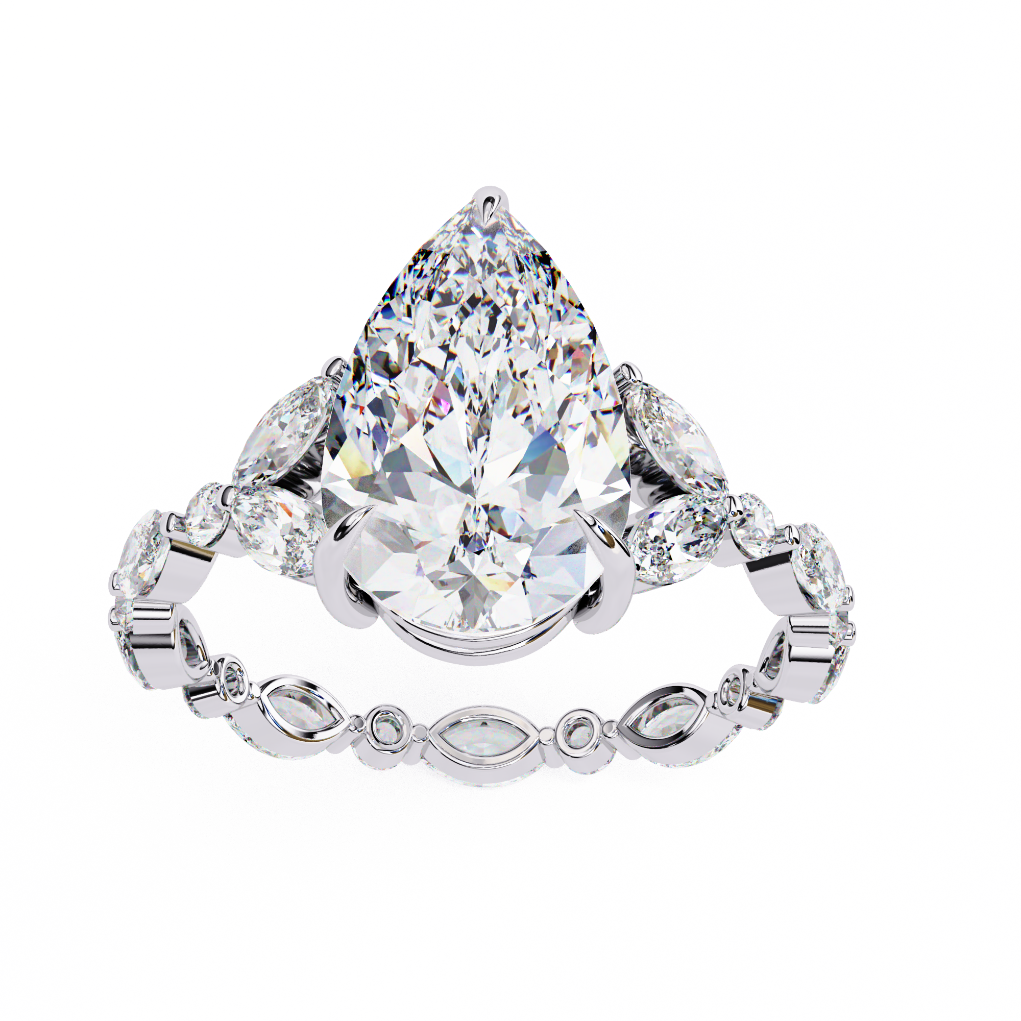 Pear Diamond Ring with Marquise Side Stones