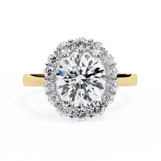Front-facing view of a yellow gold celeste round halo diamond ring.