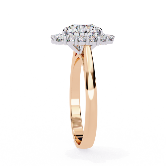 Side profile view of a rose gold celeste round halo diamond ring.