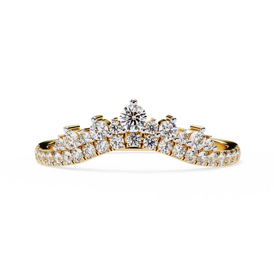 Front-facing view of a yellow gold round diamond crown wedding band.