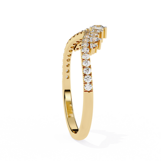 Side profile view of a yellow gold round diamond crown wedding band.