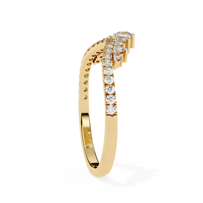 Side profile view of a yellow gold round diamond crown wedding band.