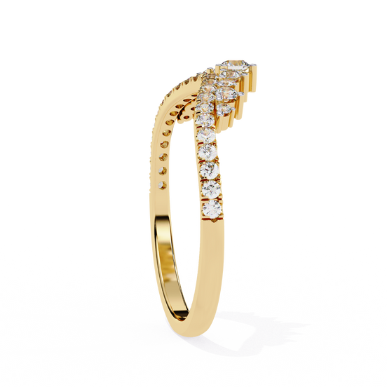 Side profile view of a yellow gold round diamond crown wedding band.