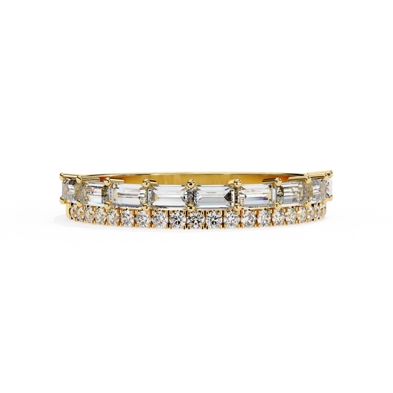 baguette and round diamond anniversary ring in yellow gold