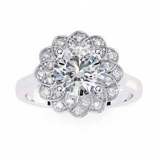 round floral halo engagement ring in white gold
