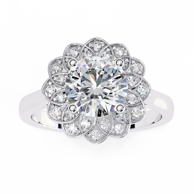 round floral halo engagement ring in white gold

