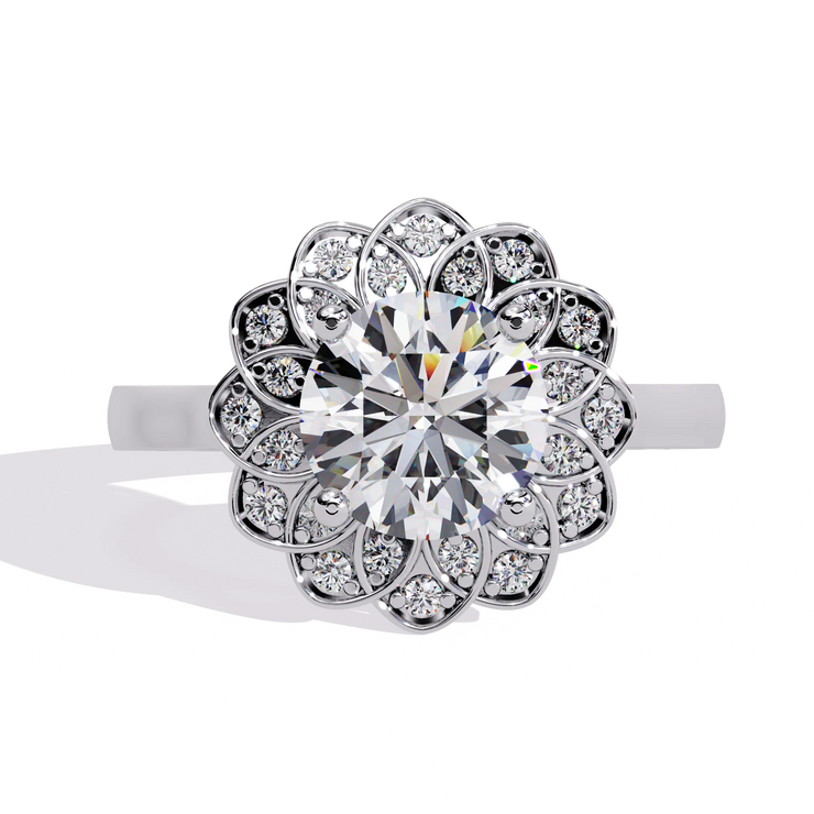 Round Lab Grown Diamond Scalloped Floral Halo Engagement Ring