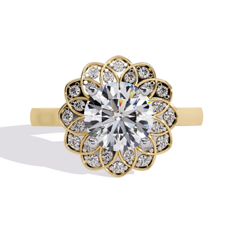 round floral halo engagement ring in yellow gold
