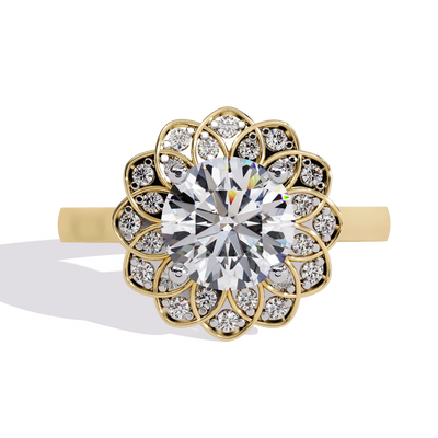 round floral halo engagement ring in yellow gold
