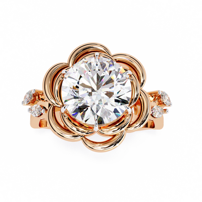 round floral halo engagement ring in rose gold
