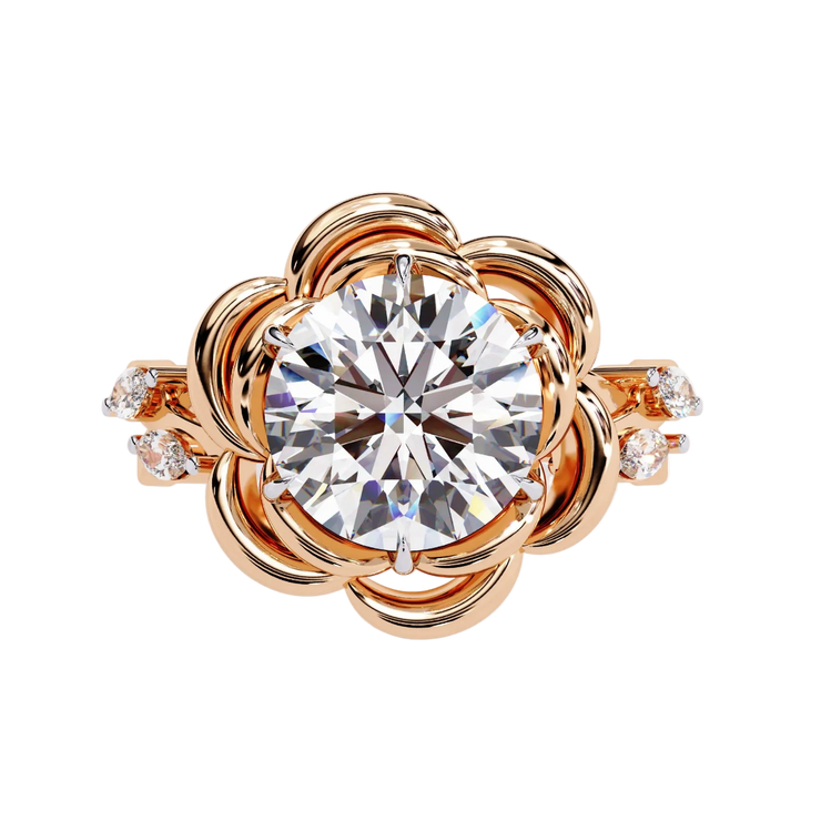 Round Lab Grown Diamond Floral Halo Side-Stone Engagement Ring