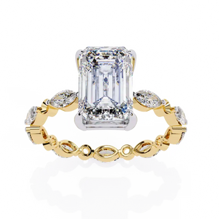 Radiant lab grown diamond side stone engagement ring in yellow gold