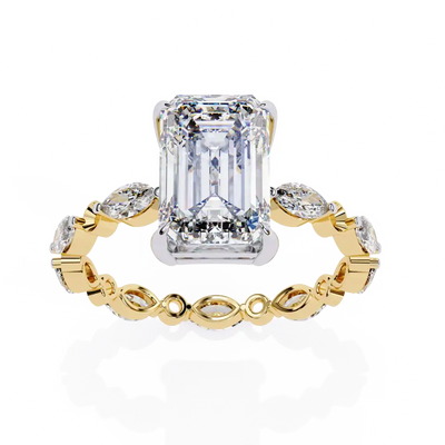 Radiant lab grown diamond side stone engagement ring in yellow gold