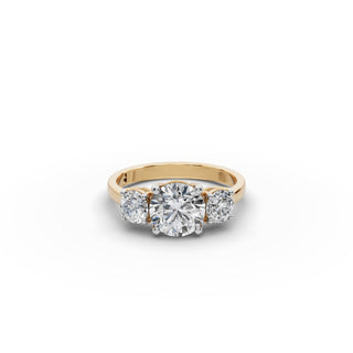 2.01 ct Round Lab Grown Diamond Three Stone Ring in yellow gold, front view