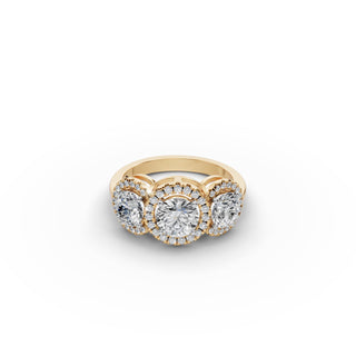 2.202 ct Round Lab Grown Diamond Three Stone Ring in yellow gold, front view