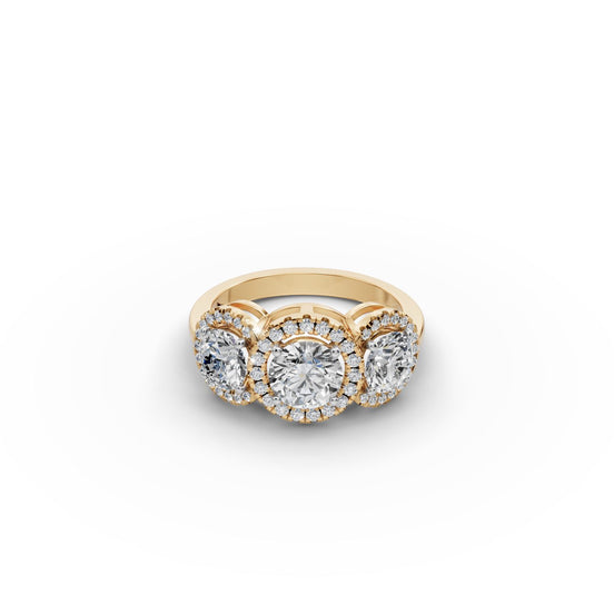 2.202 ct Round Lab Grown Diamond Three Stone Ring in yellow gold, front view