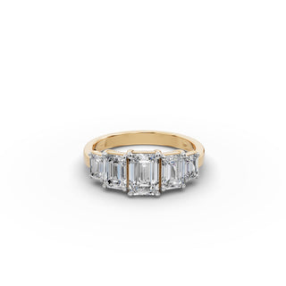 2.25 ct Emerald Lab Grown Diamond Five Stone Ring in yellow gold, front view