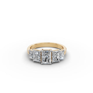 2.25 ct Radiant Lab Grown Diamond Five Stone Ring in yellow gold, front view