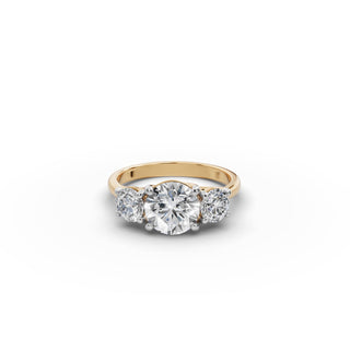 2.25 ct Round Lab Grown Diamond Three Stone Ring in yellow gold, front view