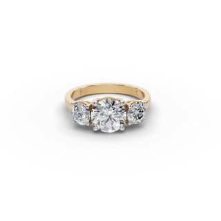 2.3 ct Round Lab Grown Diamond Three Stone Ring in yellow gold, front view