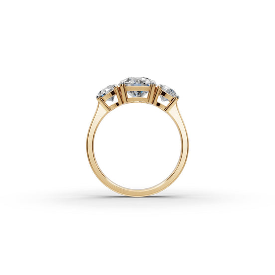 2.3 ct Round Lab Grown Diamond Three Stone Ring in yellow gold, view 2