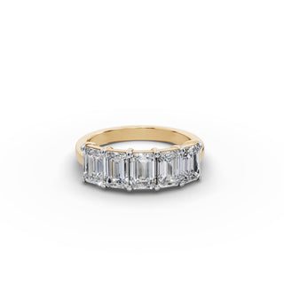 2.5 ct Emerald Lab Grown Diamond Five Stone Band in yellow gold, front view