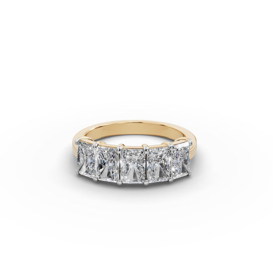 2.5 ct Radiant Lab Grown Diamond Five Stone Band in yellow gold, front view