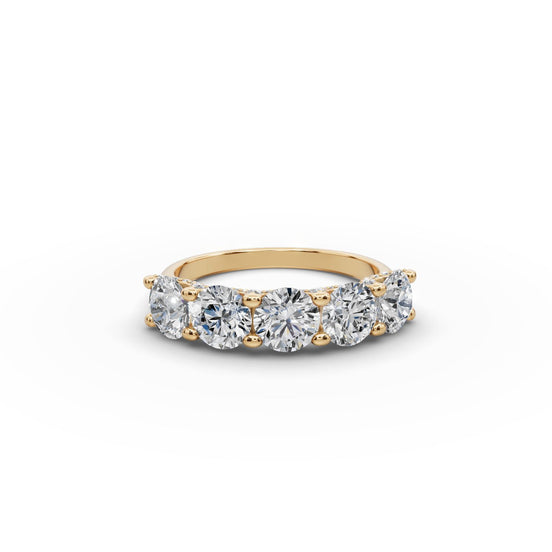 2.59 ct Round Lab Grown Diamond Five Stone Band in yellow gold, front view