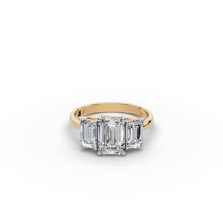 2.7 ct Emerald Lab Grown Diamond Three Stone Ring in yellow gold, front view