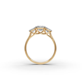 2.7 ct Emerald Lab Grown Diamond Three Stone Ring in yellow gold, view 2