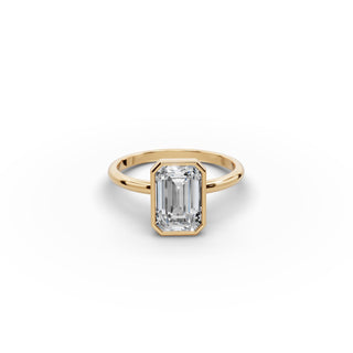 2 ct Emerald Lab Grown Diamond Bezel Solitaire Ring in yellow gold, front view
