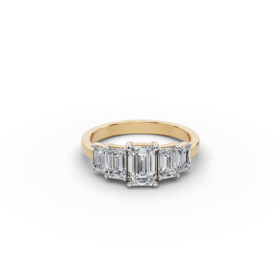 2 ct Emerald Lab Grown Diamond Five Stone Ring in yellow gold, front view