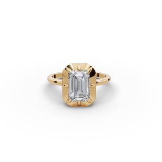 2 ct Emerald Lab Grown Diamond Four Prong Solitaire Ring in yellow gold, front view