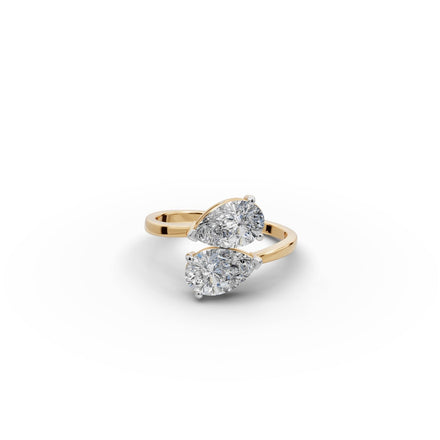 2 ct Pear Lab Grown Diamond Three Prong Toi et Moi Ring in yellow gold, front view