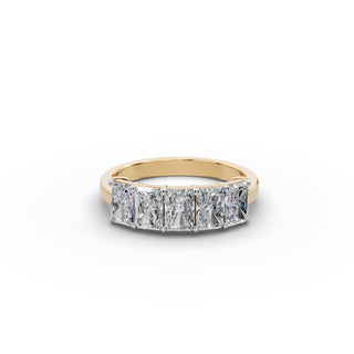 2 ct Radiant Lab Grown Diamond Five Stone Band in yellow gold, front view
