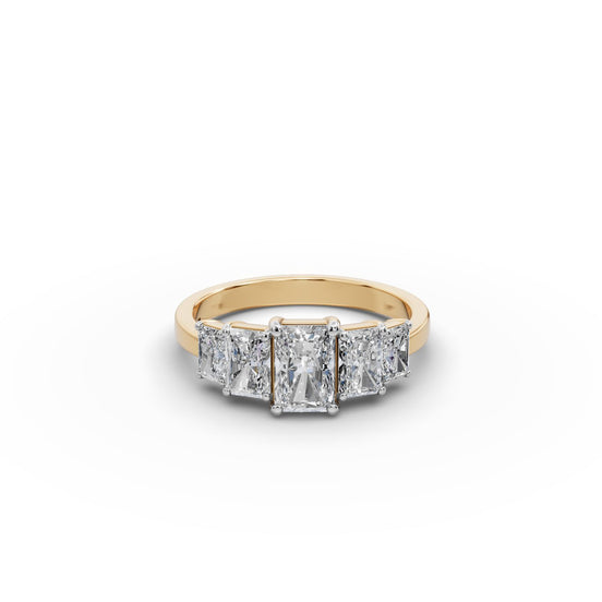 2 ct Radiant Lab Grown Diamond Five Stone Ring in yellow gold, front view
