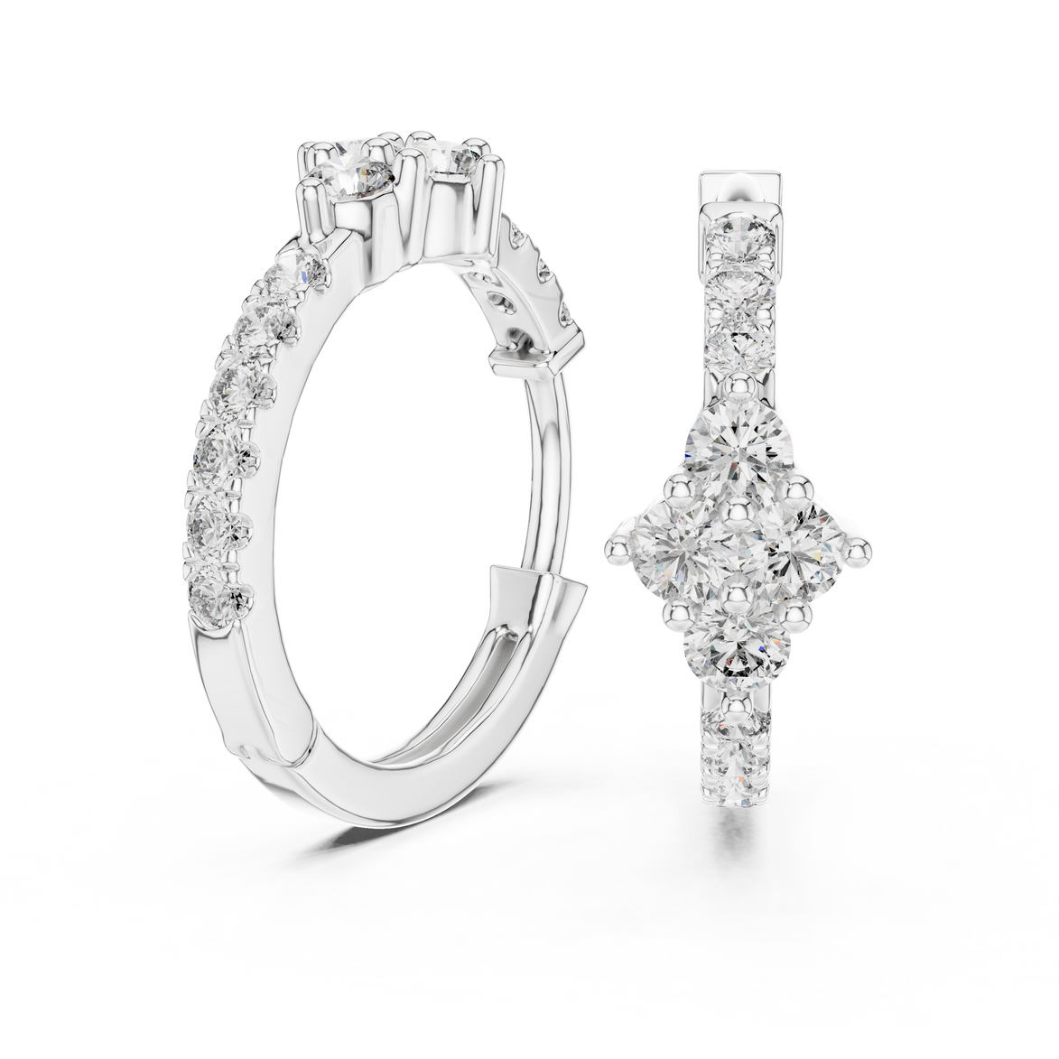 Diamond cluster hoop earrings with floral inspired design