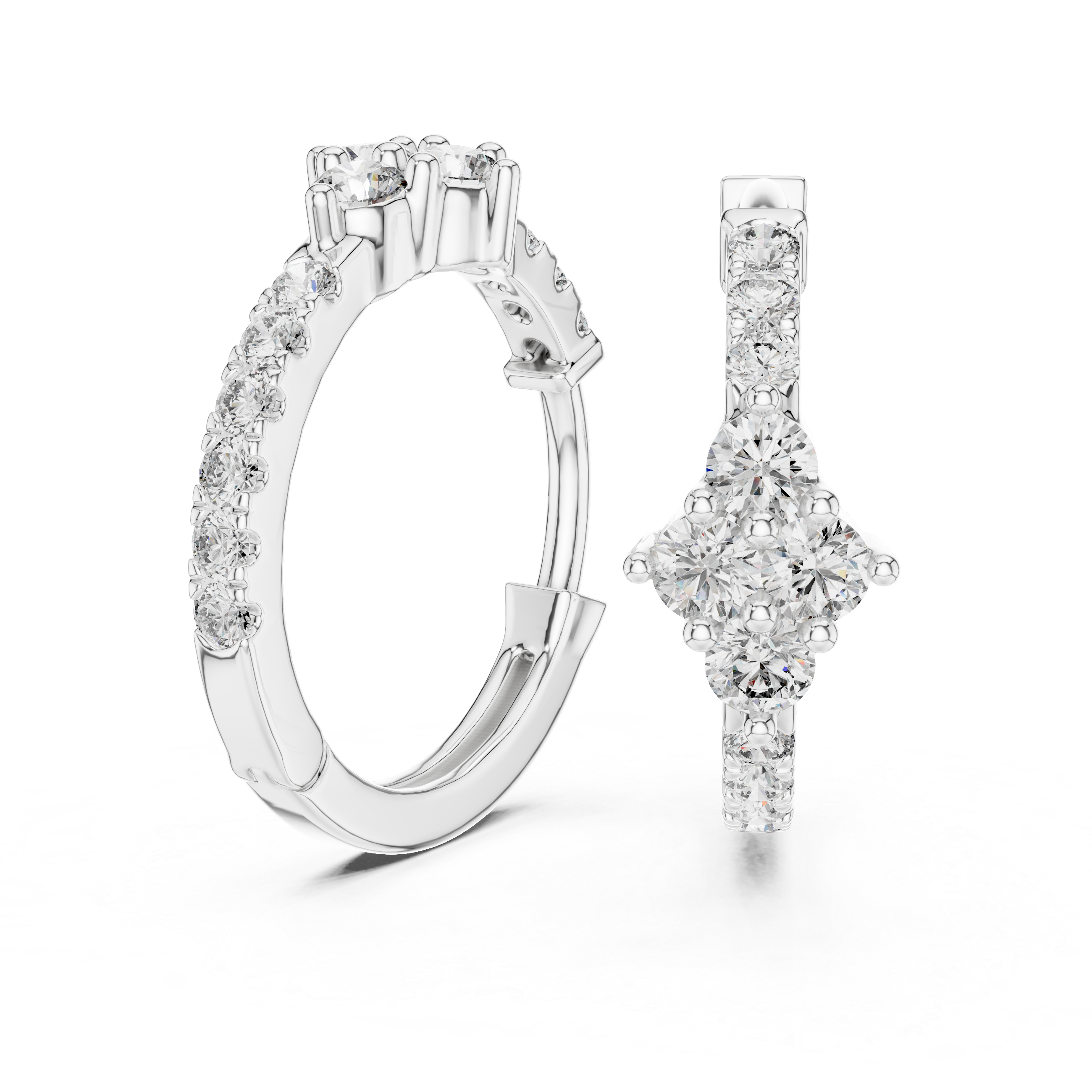 Diamond cluster hoop earrings with floral inspired design
