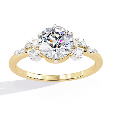 Round lab grown diamond side stone engagement ring in yellow gold