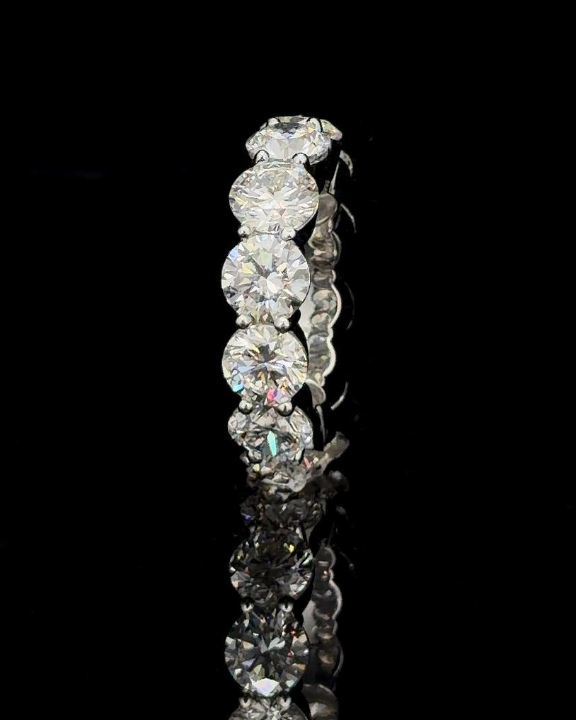 Main: White gold full eternity ring with 12 round lab grown diamonds on black
Detail: Close-up of 4.30 mm round lab grown diamonds individually prong set in white gold
Side: White gold full eternity band with 12 round lab grown diamonds circling the ring