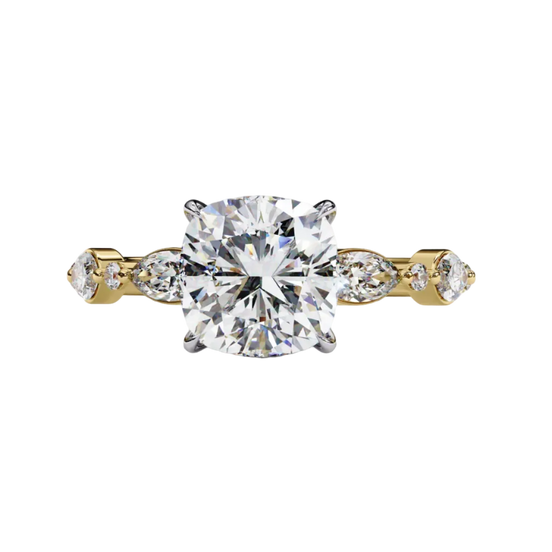 Yellow gold cushion cut diamond ring, front view.