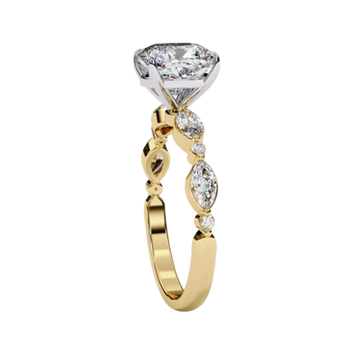 Side profile of yellow gold cushion diamond ring.