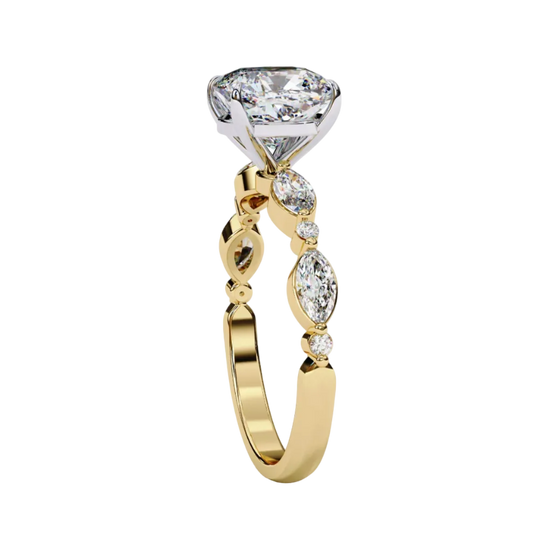 Side profile of yellow gold cushion diamond ring.