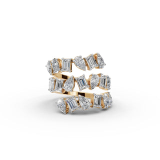 3.72 ct Pear Lab Grown Diamond Statement Ring with Emerald and Oval Accents in yellow gold, front view